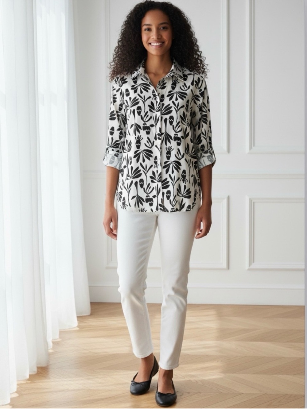 Chico's No Iron Abstract Floral Button-Down Classic Blouse Shirt Top, Size 6